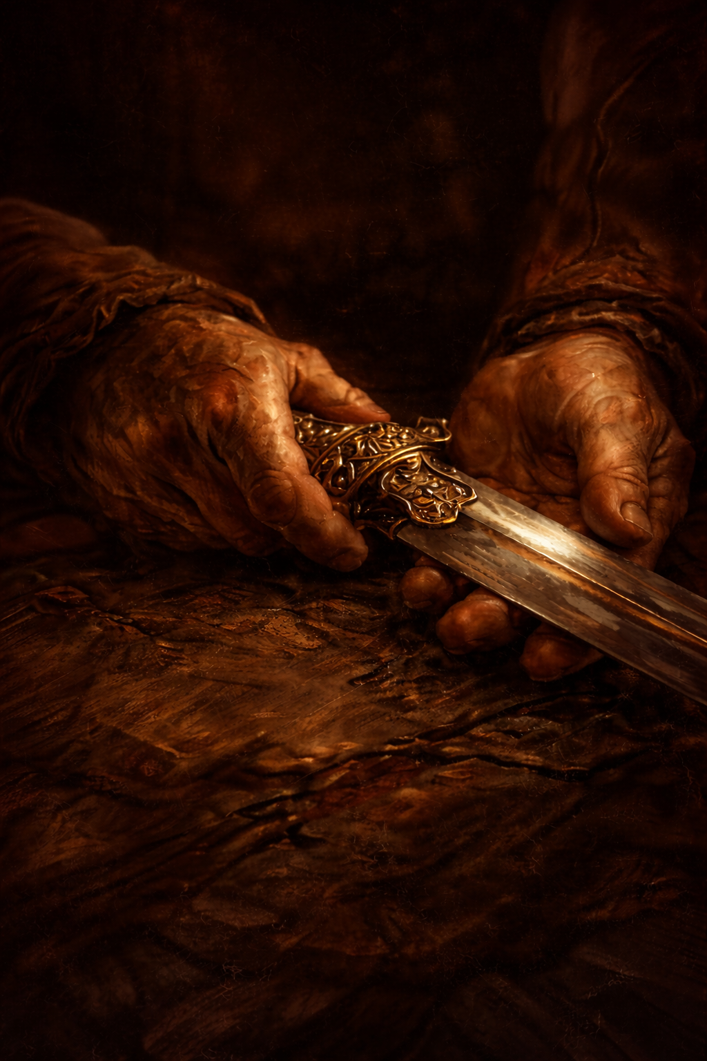 Hände halten einen Dolch im Kerzenlicht